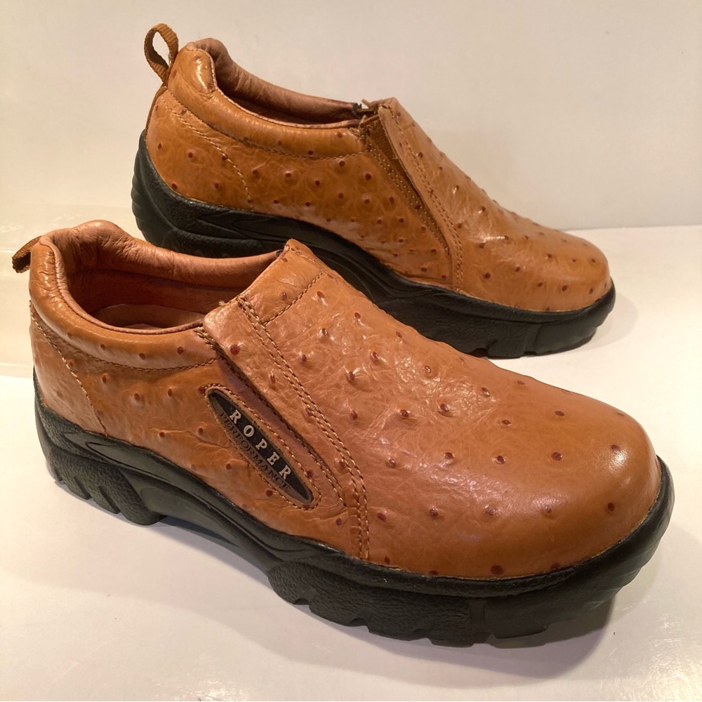Roper Performance Womens 7.5 Loafers Brown Ostrich Embossed Leather Slip On Shoe